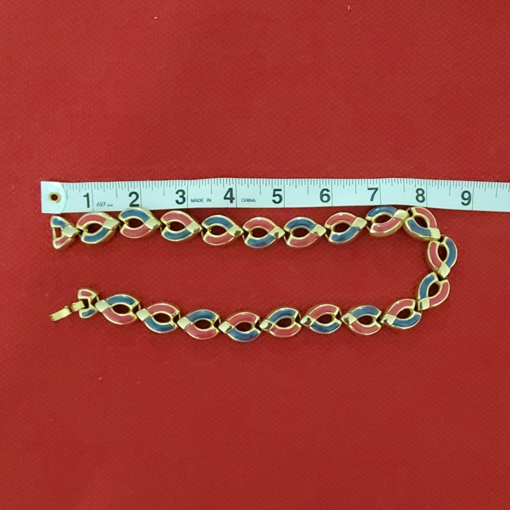 VINTAGE goldtone blue and deep pink abstract design necklace Classic - Picture 5 of 7